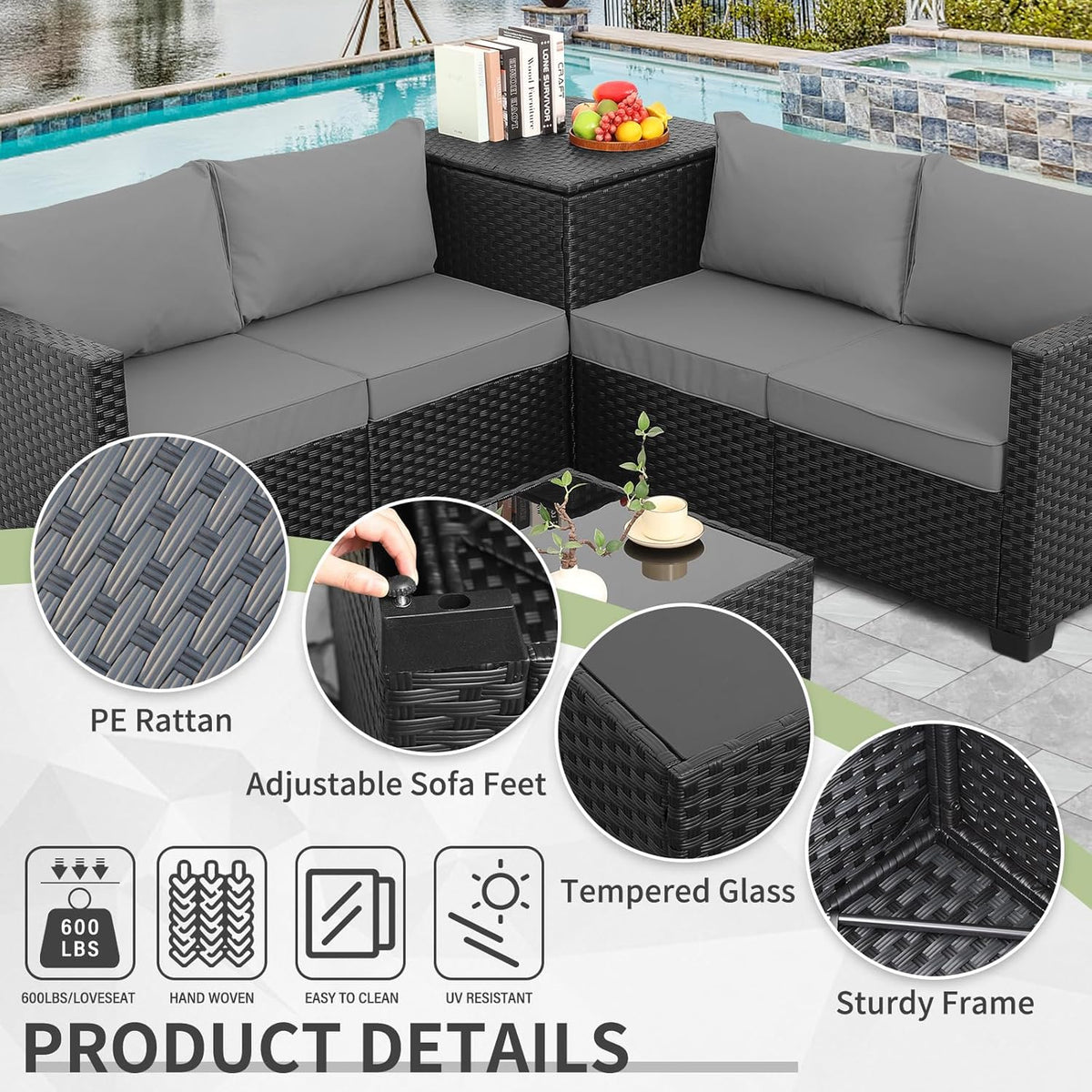 WAROOM Patio Furniture Set 4 Piece Conversation Sets Black Rattan Outdoor Couch Loveseat Wicker Sectional Sofa with Storage Box Glass Top Table, Grey Cushion