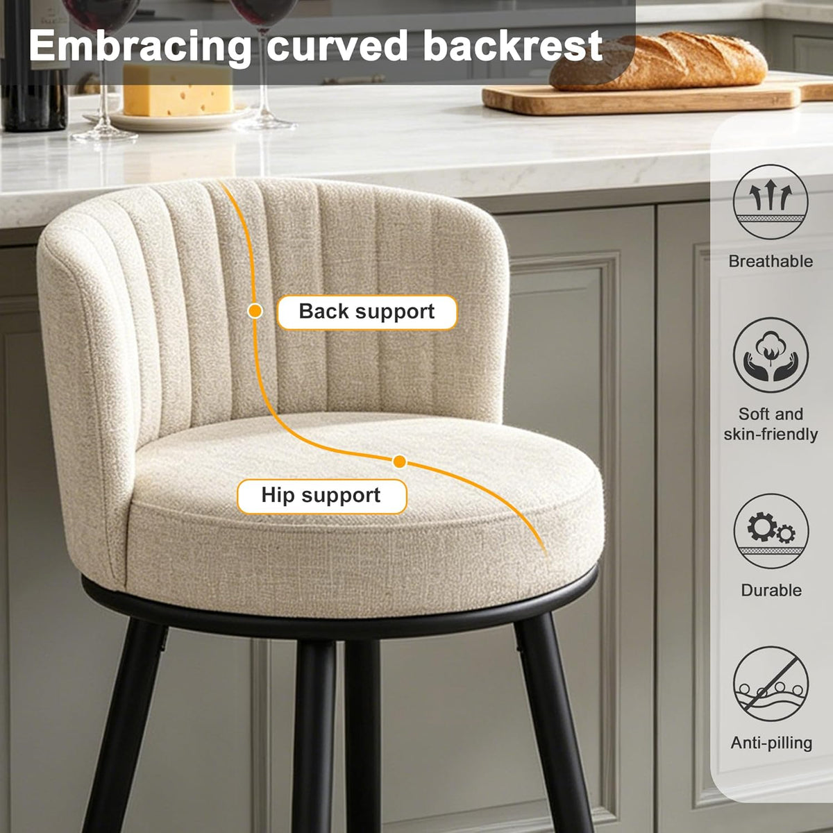 Swivel Bar Stools Set of 2, 28" Seat Height, Modern Design, Upholstered Barstools with Back and Footrest, Metal Legs, Suitable for Kitchen Island, Counter, Dining Room