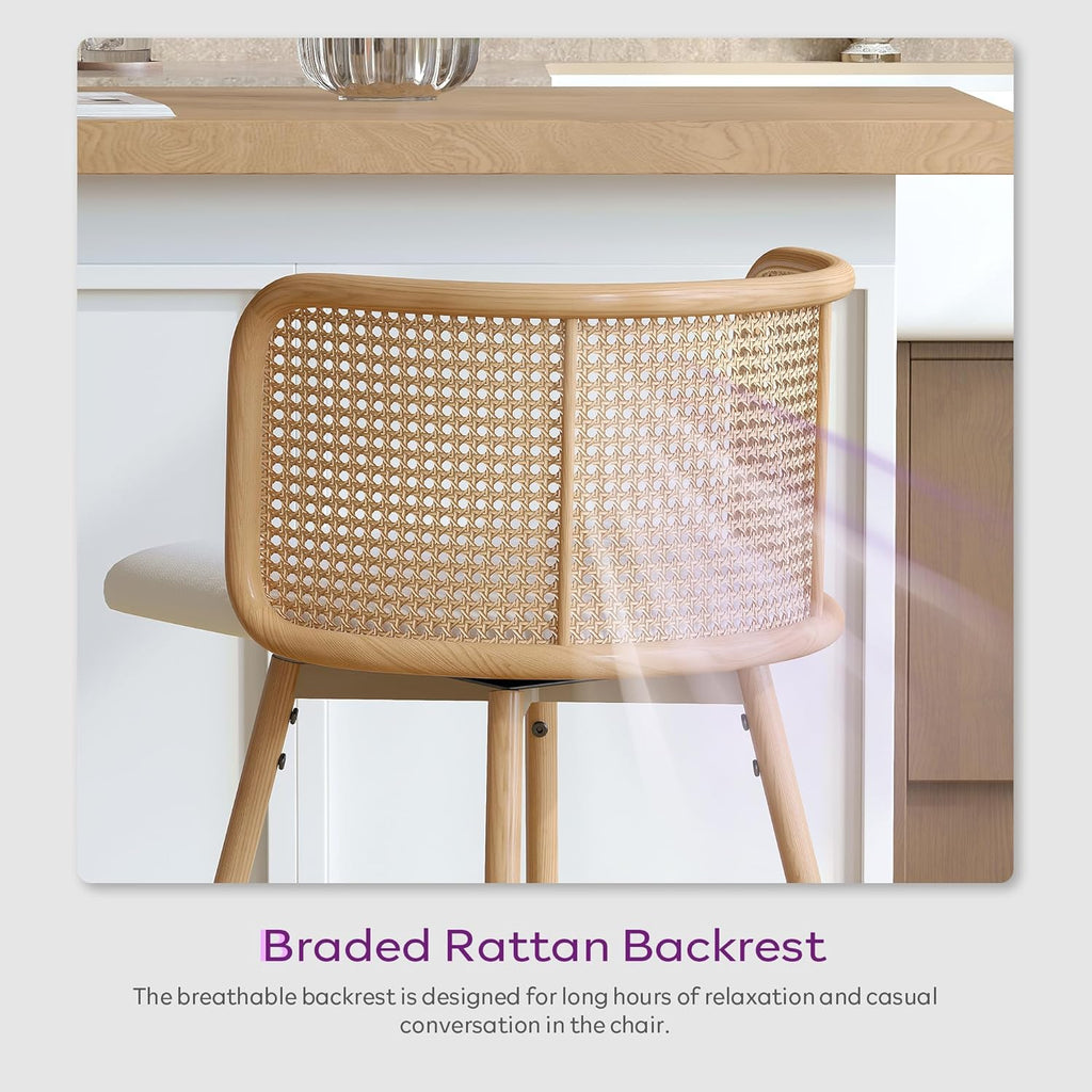 TYBOATLE Swivel Rattan Bar Stools Set of 4, 26” Counter Height Stools with Natural Rattan Woven Back and Faux Leather Seat, Mid-Century Modern Island Chairs Barstools for Kitchen, White