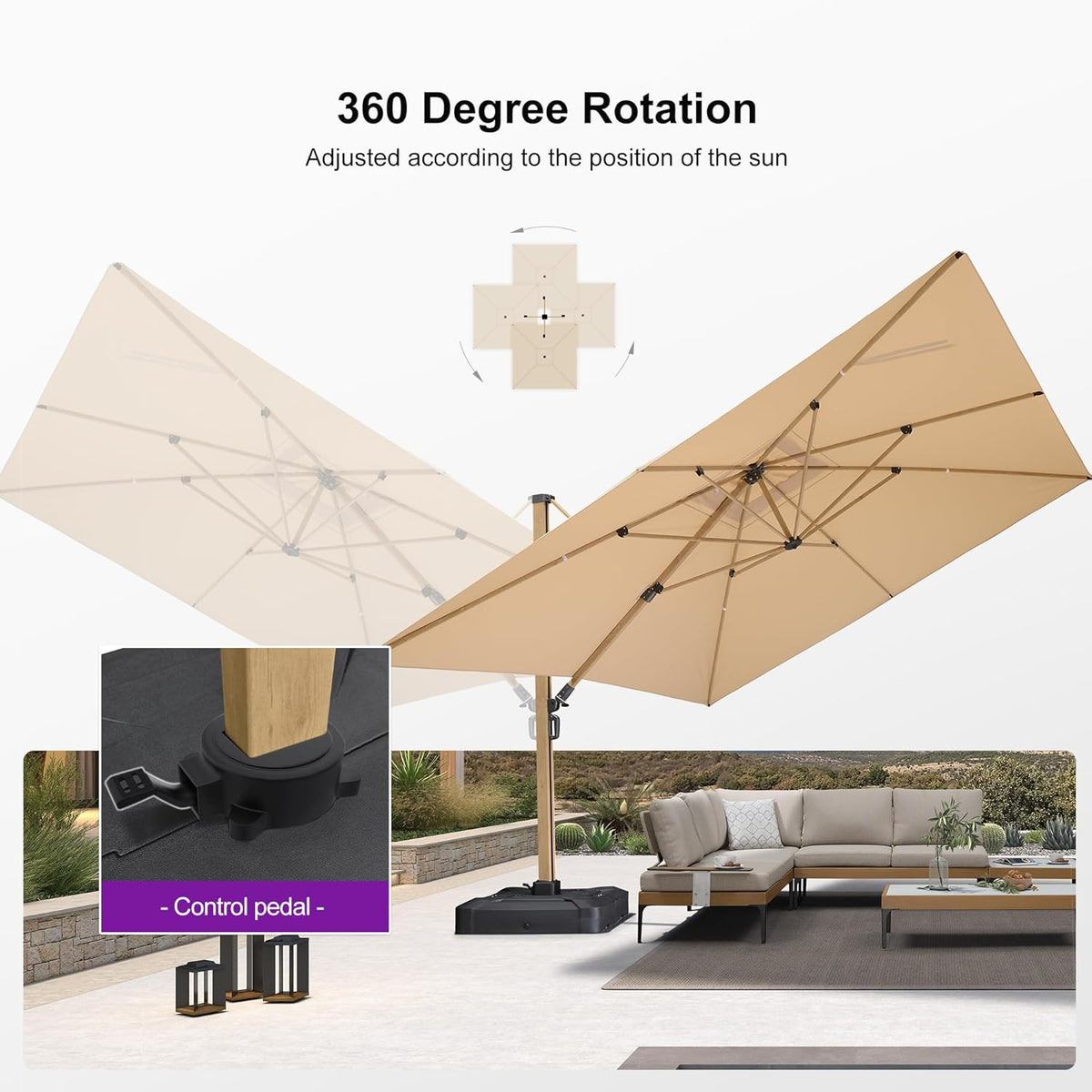 PURPLE LEAF 12FT Patio Umbrella Square Cantilever Umbrella Teak Finished Aluminum Frame Large Windproof Offset Outdoor Sun Umbrellas for Beach Pool Deck, Beige