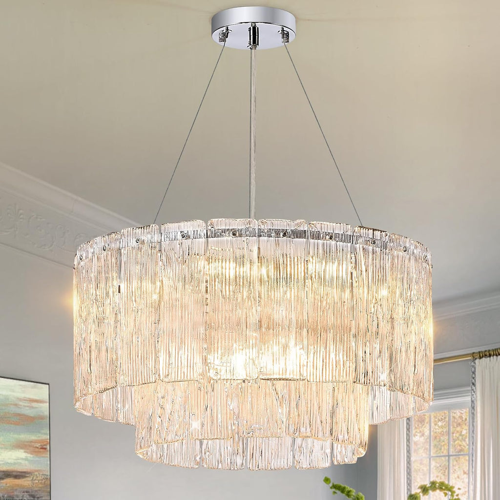 Modern Chrome Chandeliers, 20” 7-Light Crystal Glass Ceiling Pendant Light Fixtures Luxury Round Chandelier 2 Tiers Hanging Lighting for Dining Room Foyer Living Room Bedroom