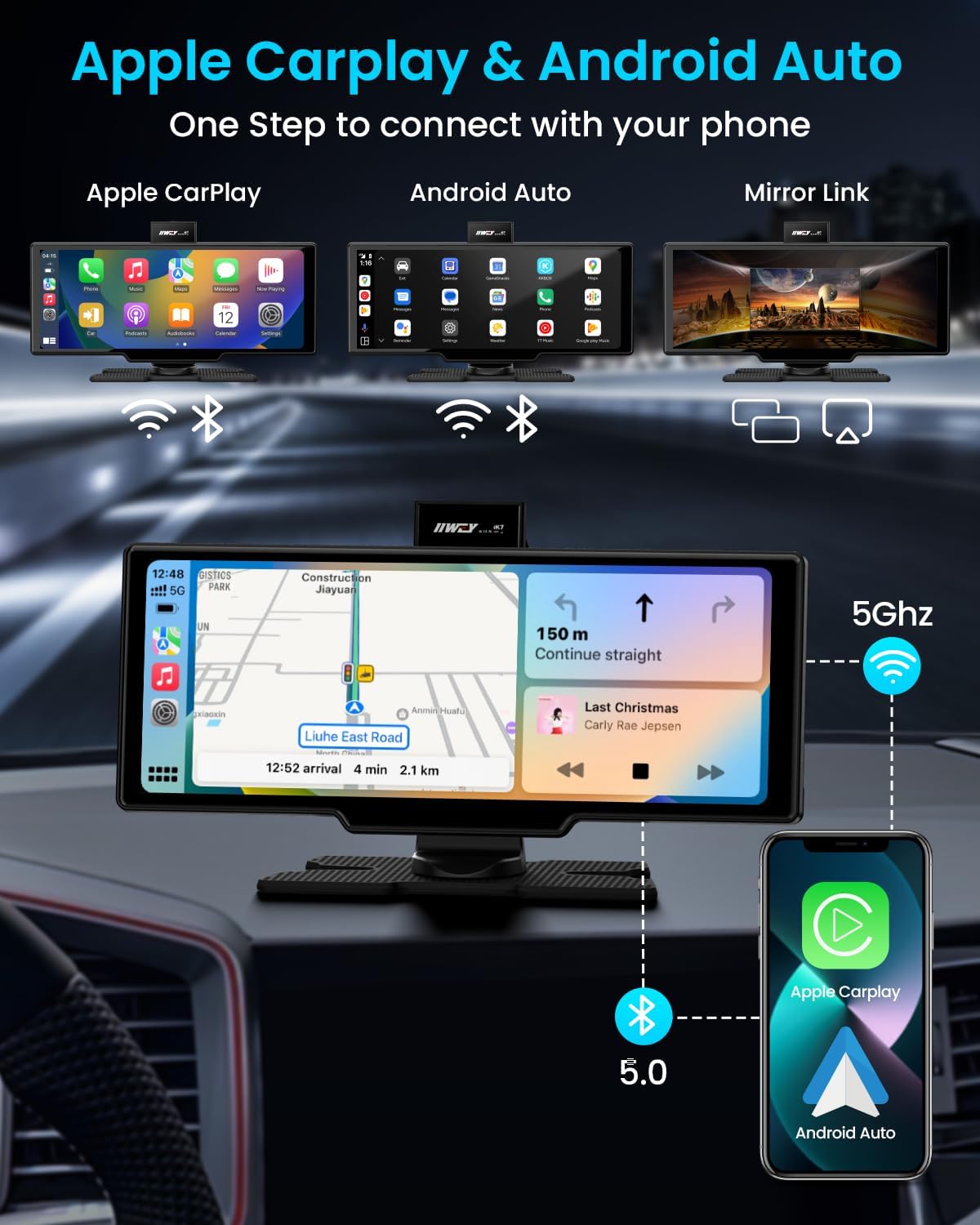 Portable Apple Carplay Screen, 10'' Car Stereo Wireless Car Play & Android Auto Touch Screen, 4K Dash Cam, 1080P Backup Camera, Mirror Link/Voice Control/Music Play/GPS Navigation