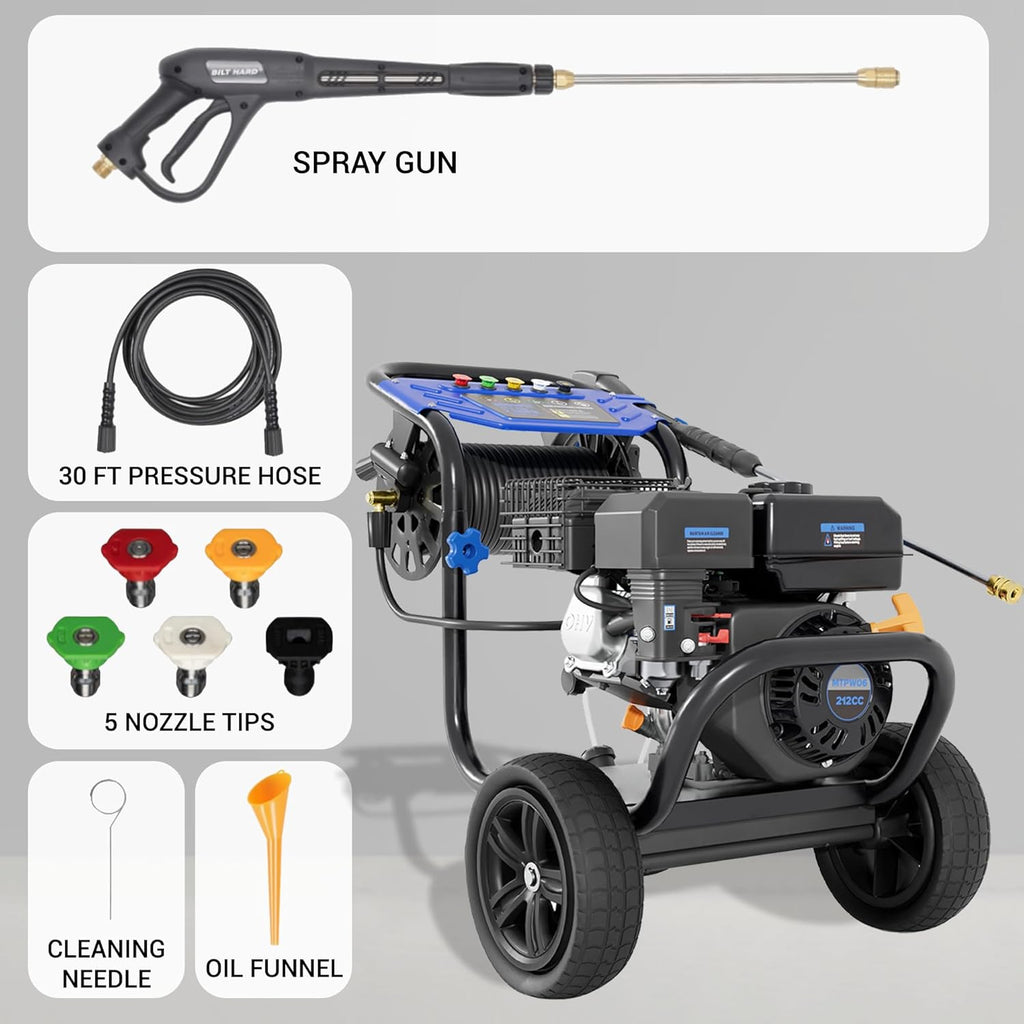 Gas Pressure Washer, 3600 PSI 2.3GPM Gas Powered Pressure Washer 212CC 4-Stroke OHV Engine, 30ft Hose&Reel 5 Nozzles Commercial High Pressure Washer for Cars Fences Driveways Patios Furniture