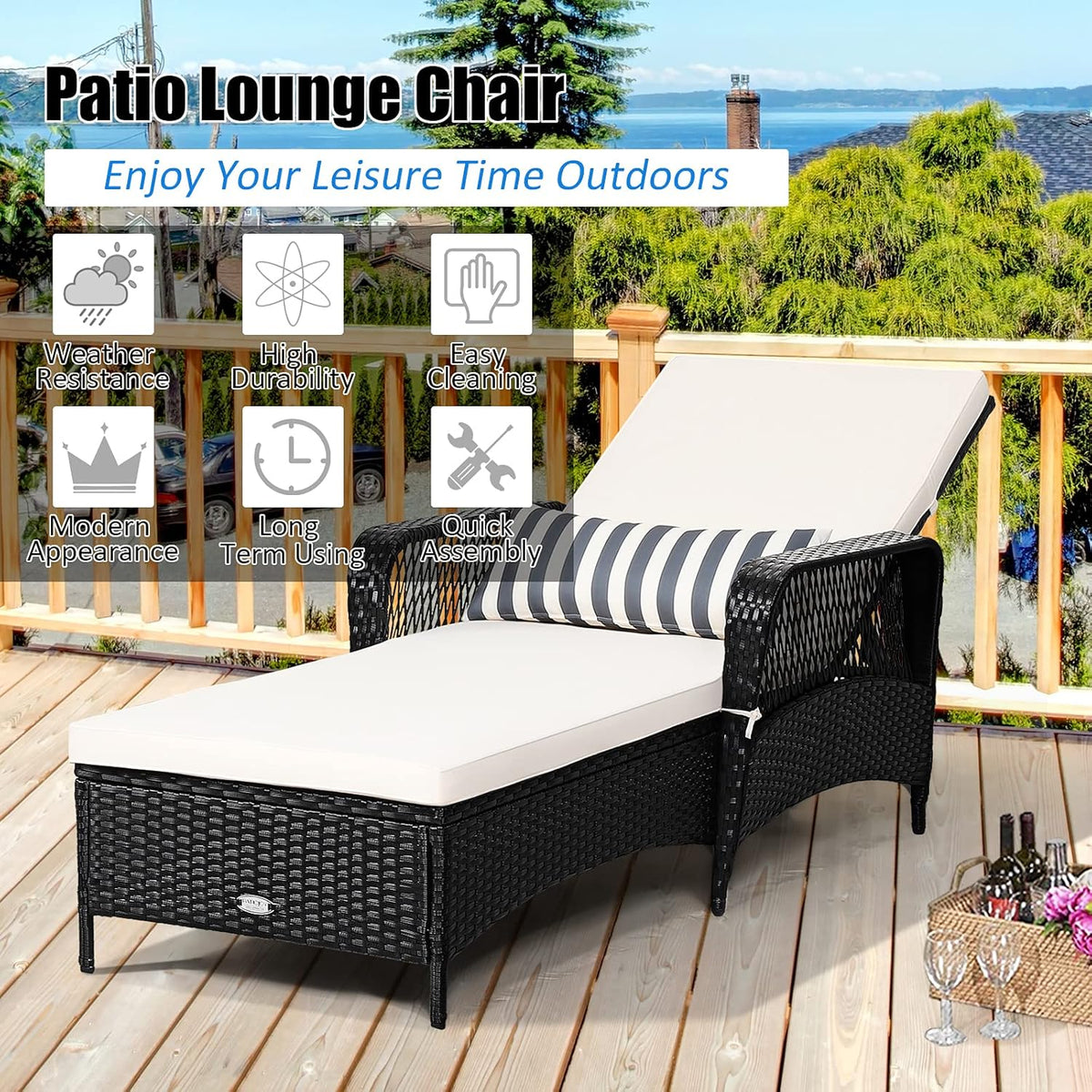 Tangkula Wicker Chaise Lounge Outdoor, Patio Rattan Reclining Chaise with 6-Gear Adjustable Backrest, Thick Padded Cushion & Removable Lumbar Pillow, Pool Lounge Chairs for Outside Balcony Backyard