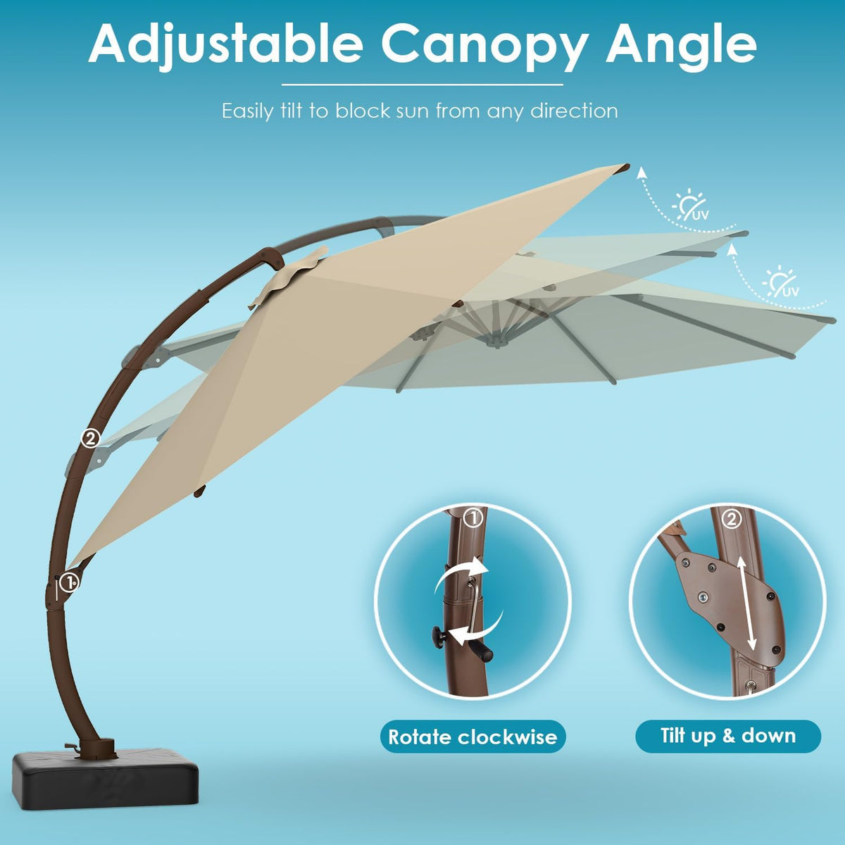 GREENVINES 11-FT-Patio-Offset-Cantilever-Umbrella | Outdoor Large Umbrellas with Base | Aluminum Ribs | Heavy Duty | Curvy | 360°Rotation | for Pool Garden Backyard Deck Lawn | Tan