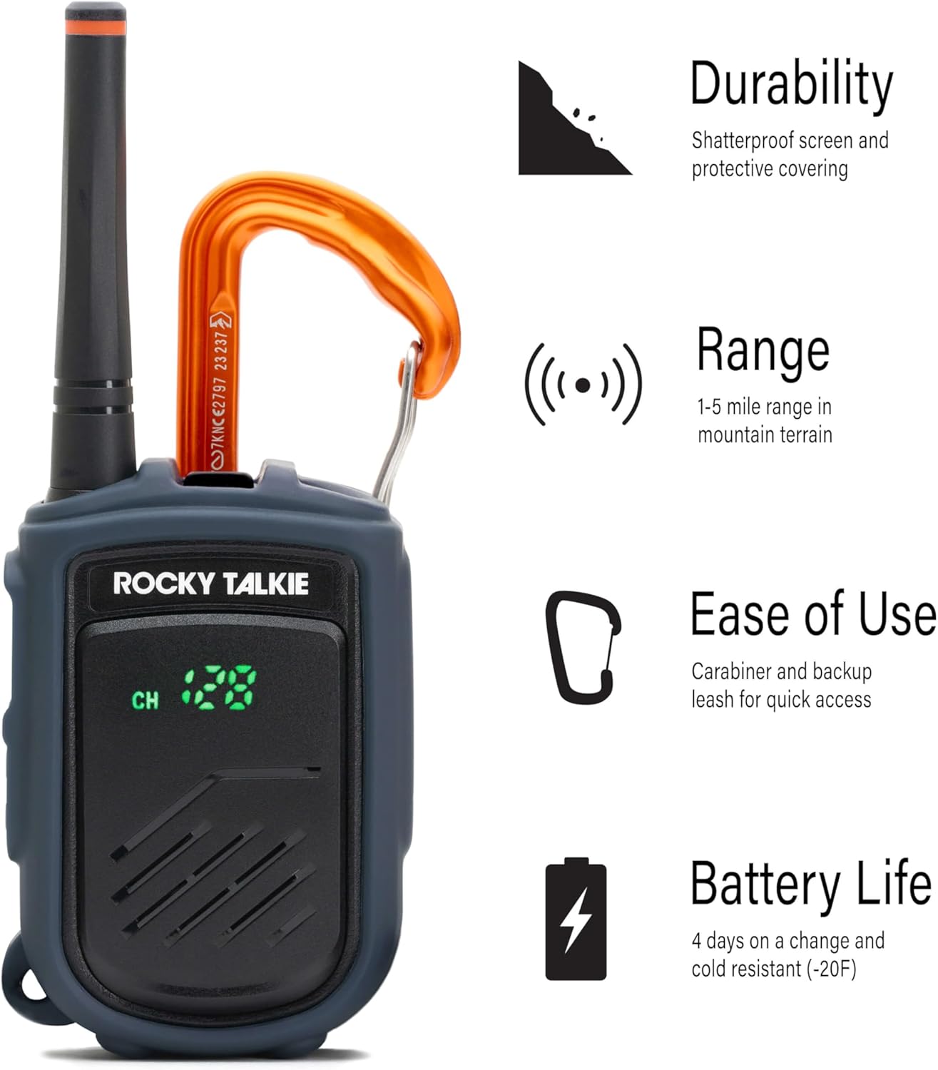 Rocky Talkie Rocky Talkie Mountain Radio with Waterproof Handmic - Long Range Walkie Talkie, FRS Handheld Radio, 4 Day Battery Life, Max Durability, 1 Pack