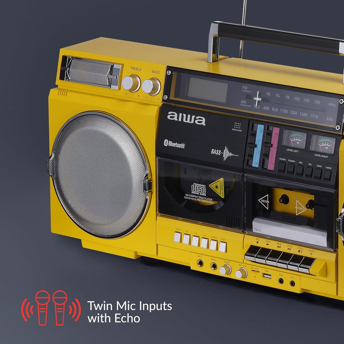 aiwa Retro Boombox CD Player with Cassette Recording, Bluetooth 5.0, FM/AM Radio, USB/SD/AUX Inputs, VU Meters, LCD Display, Dual 40W Speakers - Yellow