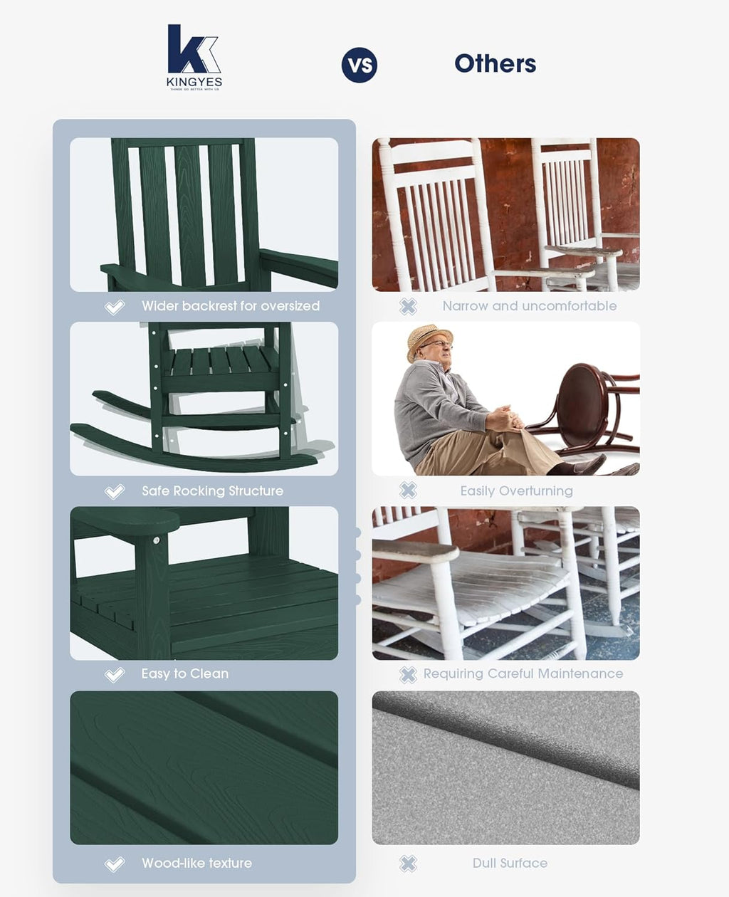 KINGYES Oversized Outdoor Rocking Chair Set of 2, All-Weather Patio Rocking Chairs for Porch, HDPE Outdoor Patio Recliner Rockers with High Back & Wide Seat for Garden, Lawn, Green
