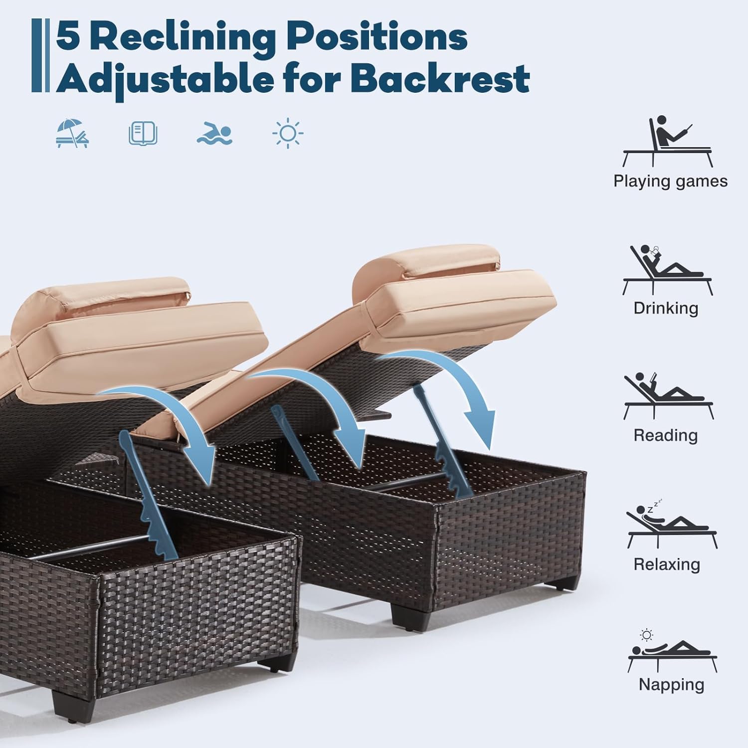Outdoor Lounge Chairs, Pool Lounge Chairs Set of 2, Outdoor Chaise Lounge with Adjustable Backrest & Cup Holder,Khaki Cushion