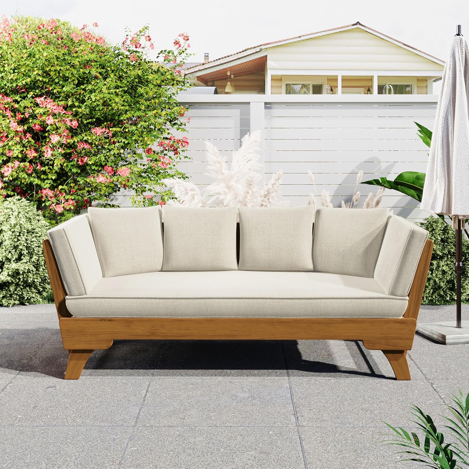 Christopher Knight Home Gary Patio Convertible Couch, Wooden Outdoor Daybed, 3-Seater Acacia Wood Patio Furniture Lounge Sofa for Backyard/Poolside/Garden, Back Pillow+Removable Cushion, Teak+ Beige