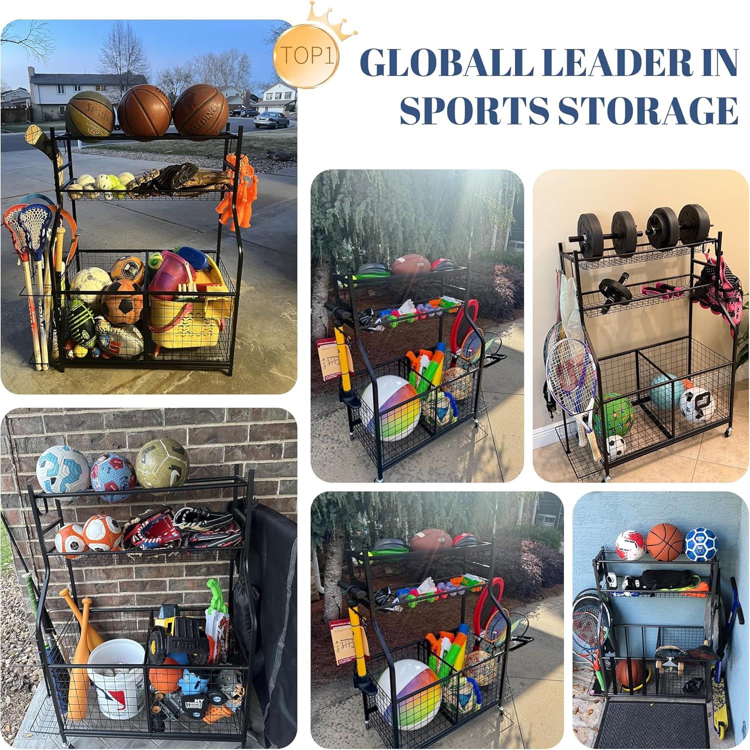 Mythinglogic Sports Equipment Garage Organizer,Garage Ball Storage for Sports Gear and Toys, Rolling Ball Cart with Wheels for Indoor/Outdoor Use
