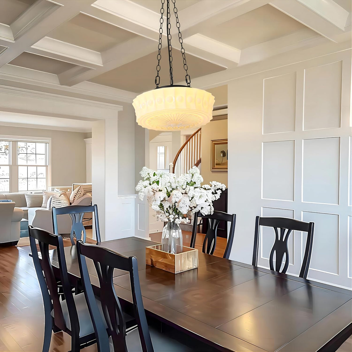 Milk Glass Pendant Light, 14" Mid Century Modern Schoolhouse Hanging Ceiling Light Fixture, Vintage Chandelier for Bedroom, Dining Room,Hallway,Kitchen Island, 4*G9 Dimmable Bulbs Included, 3000K