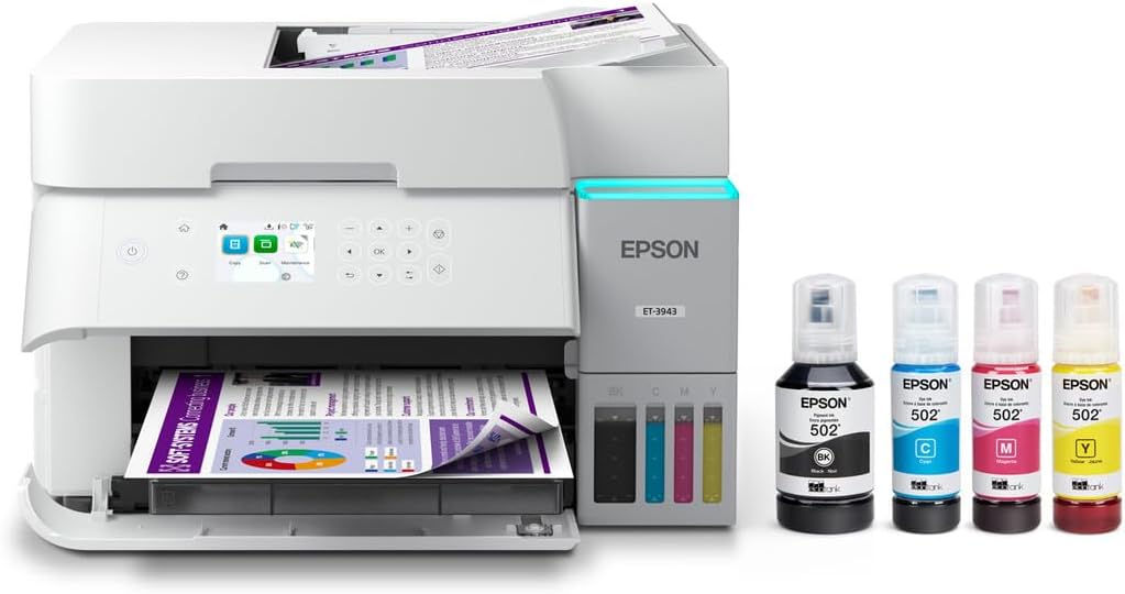 Epson EcoTank ET-3943 Wireless All-in-One Color Supertank Printer, Refillable Tanks, 2.4" Color Display, Auto Document Feeder, Auto Duplex Print/Copy, Scan, 250-Sheet Paper Tray – White