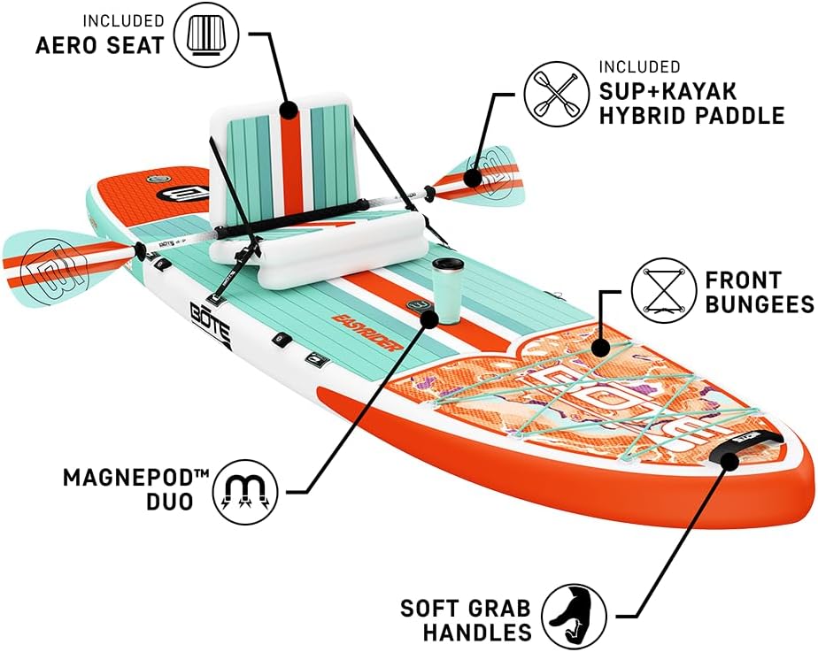 BOTE EasyRider Aero Inflatable Stand Up Paddle Board MAGNEPod Blow Up Hybrid iSUP Convertible Seat Included Adults Kids Family Friendly Multiple Sizes
