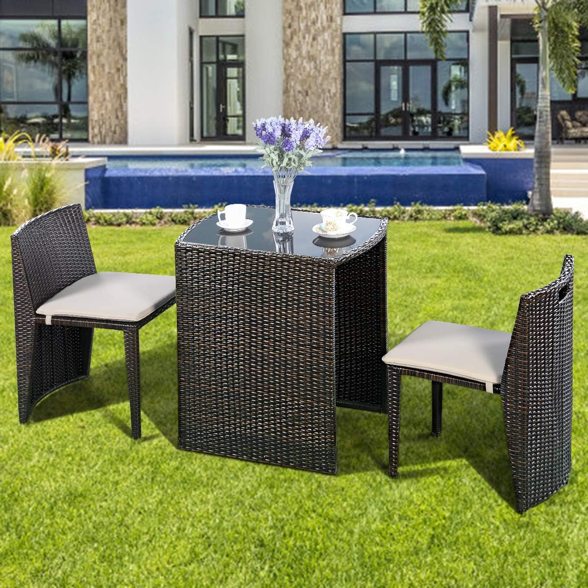 COSTWAY 3 PCS Cushioned Outdoor Wicker Patio Set Garden Sofa Seat No Assembly