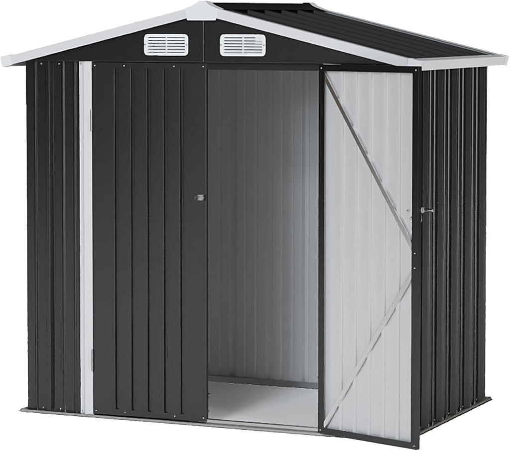 6x4FT Outdoor Storage Shed, Metal Garden Tool Shed with Sloping Roof & Lockable Door for Patio Lawn Backyard (Black, 6x4FT)