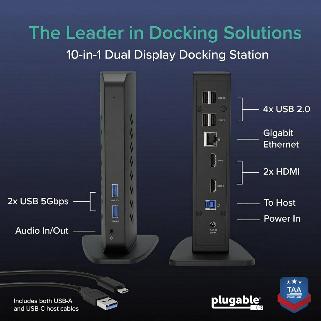 Plugable Dual 1080p HDMI Universal Docking Station for USB-C & USB 3.0 Laptop, 10 Ports, Windows/ChromeOS Plug & Play, macOS Driver Required (UD-3900Z)