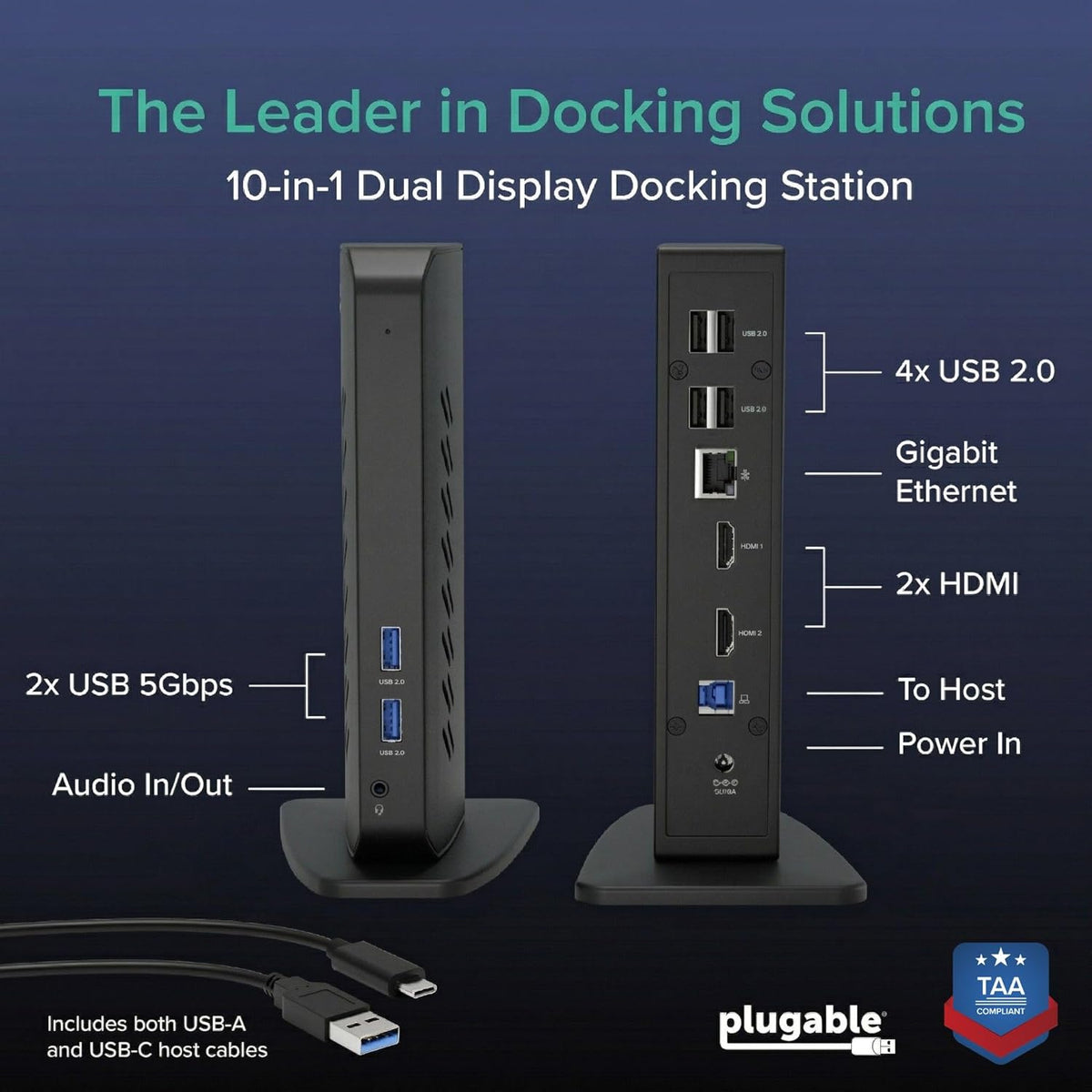 Plugable Dual 1080p HDMI Universal Docking Station for USB-C & USB 3.0 Laptop, 10 Ports, Windows/ChromeOS Plug & Play, macOS Driver Required (UD-3900Z)