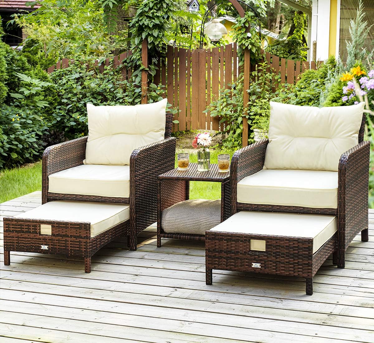 Pamapic 5 Pieces Patio Furniture Set, Rattan Balcony Furniture with Ottomans, PE Wicker Outdoor Patio Chairs Set with Coffee Table for Poolside, Porch, Lawn, Garden, Balcony(Beige)