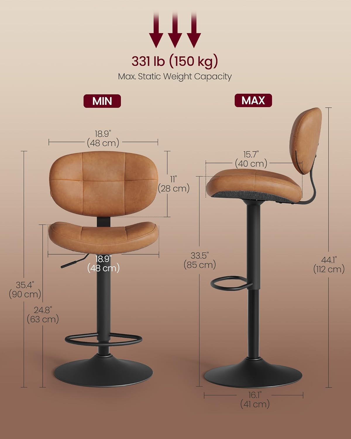 VASAGLE Bar Stools Set of 2, Height Adjustable Kitchen Barstools, Swivel Bar Chairs with Back and Footrest, Quilt PU Leather Surface, Dining Room, Counter, Steel, Caramel Brown ULJB150K101S