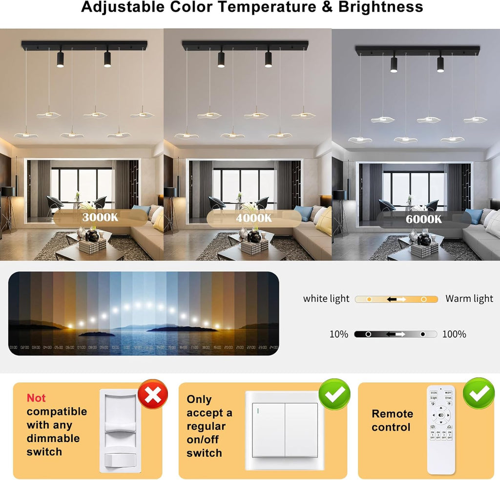 Siittoo Modern Chandeliers for Dining Room, 40in Dimmable LED Pendant Lights Kitchen Island with Remote Control, Adjustable Height Kitchen Island Lighting Fixture with Spotlights(34W, 6-Light)