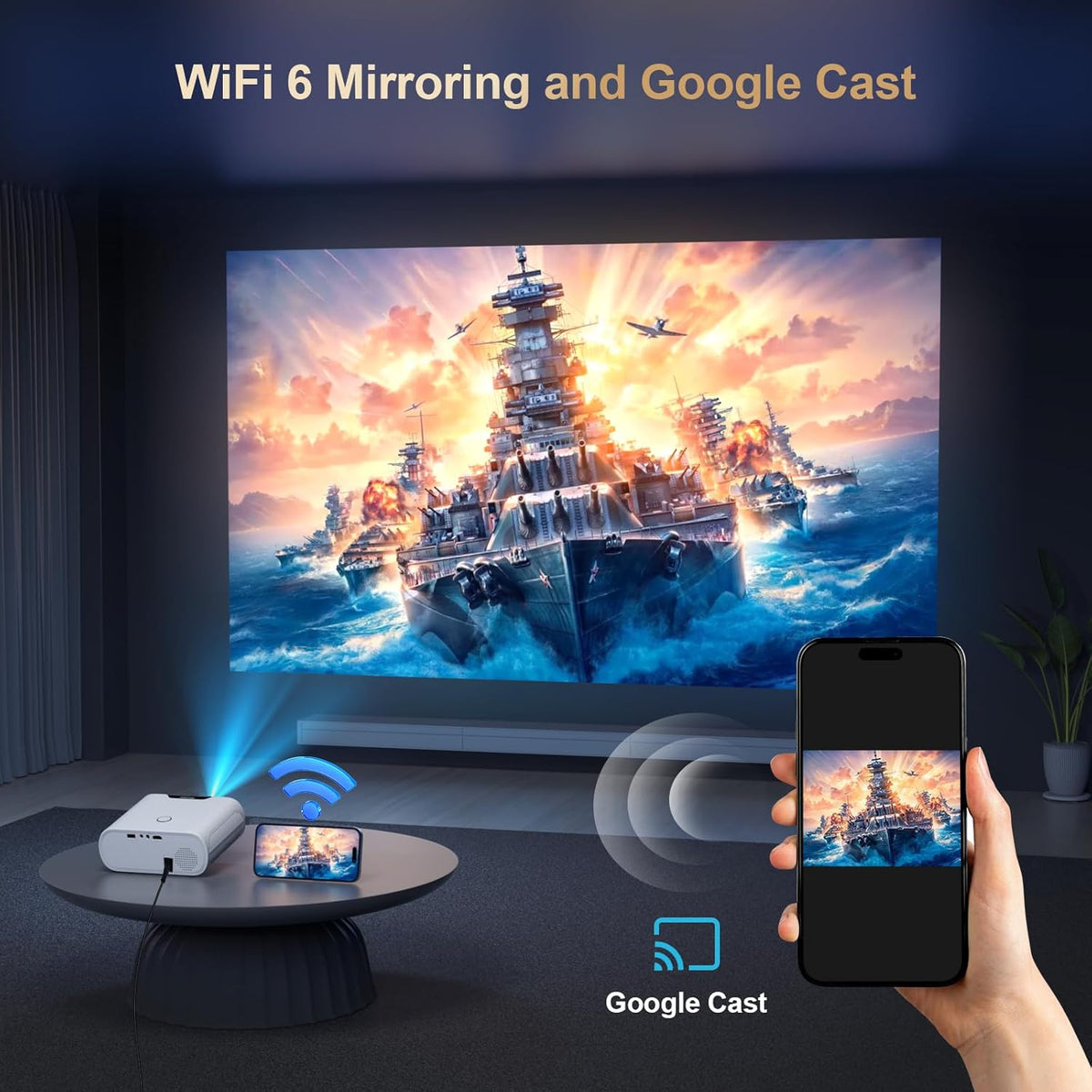 2000 ANSI Projector with WiFi and Bluetooth, Goiaey Smart Portable Projector Compatible with GoogIe TV, Built-in Official Apps, GoogIe Voice, DoIby Audio, HDMI ARC CEC Native 1080P Movie Projector