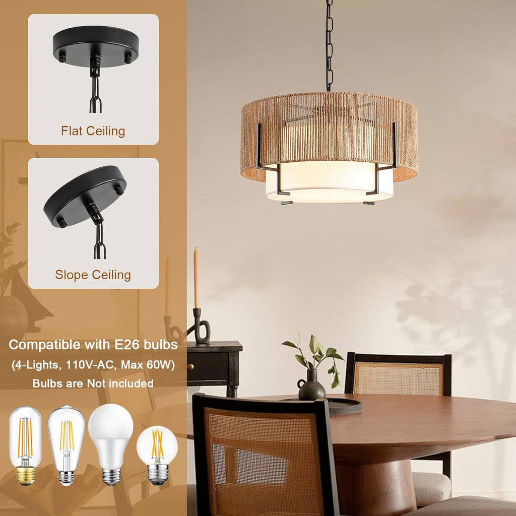 4-Light Rattan Chandelier, 19.7" Boho Pendant Light with Fabric Shade, Farmhouse Rattan Hanging Ceiling Light Fixture for Dining Room, Living Room, Kitchen Island, Bedroom, Hallway, Foyer