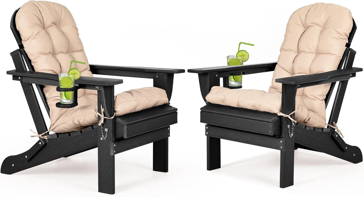 nalone Folding Adirondack Chairs Set of 2 with Cushions and Cup Holder, HDPE Plastic Oversized Patio Chair Weather Resistant, Used in Outdoor, Fire Pit, Deck, Garden, Campfire Chairs (Black)