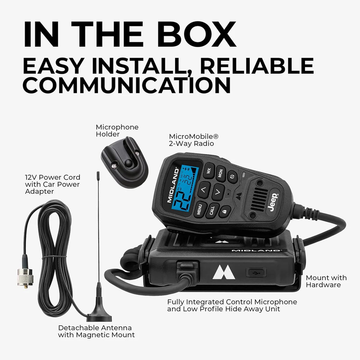 Midland - MXT275 Jeep Branded MicroMobile GMRS Radio - 15 Watts Two-Way Radio with Integrated Control Microphone - Overland Tractors Detachable External Magnetic Mount Antenna - 8 Repeater Channels