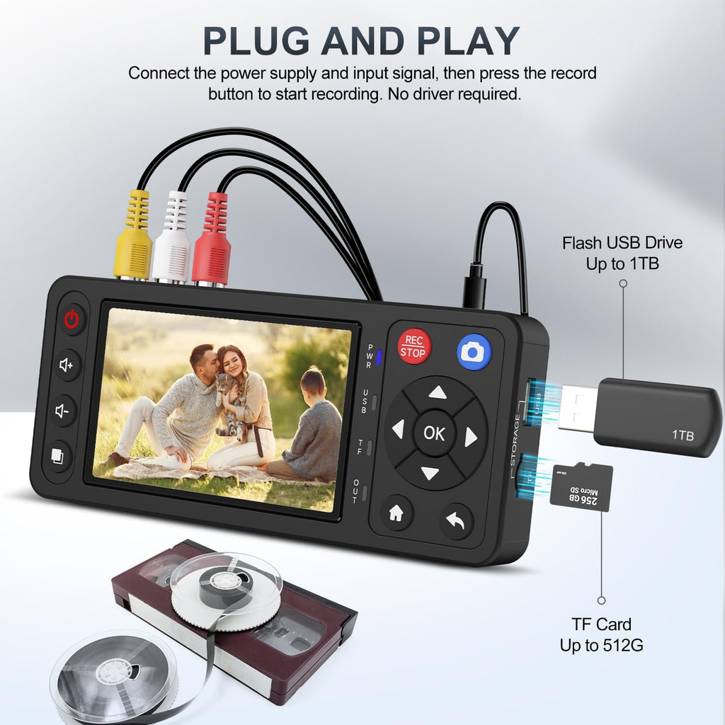 VHS to Digital Converter with 4" HD Screen, Video Capture Recorder Convert to MP4 Compatible with VHS, VCR, DVR, DVD, Hi8, Mini DV, Camcorders, Retro Consoles(Tapes/DVD Player Not Included)