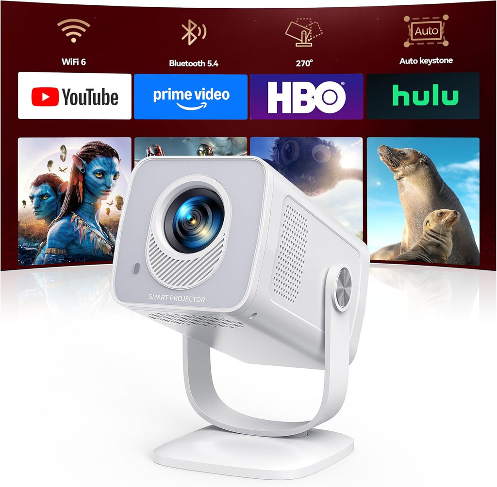 Mini-Projector with WiFi6 and Two-Way Bluetooth5.4, 1080P 4K Support, Built-in Apps & 2026 Android 14 Portable Outdoor Movie Proyector for Bedroom, Auto Keystone & 270° Rotation for Phone/HDMI/USB