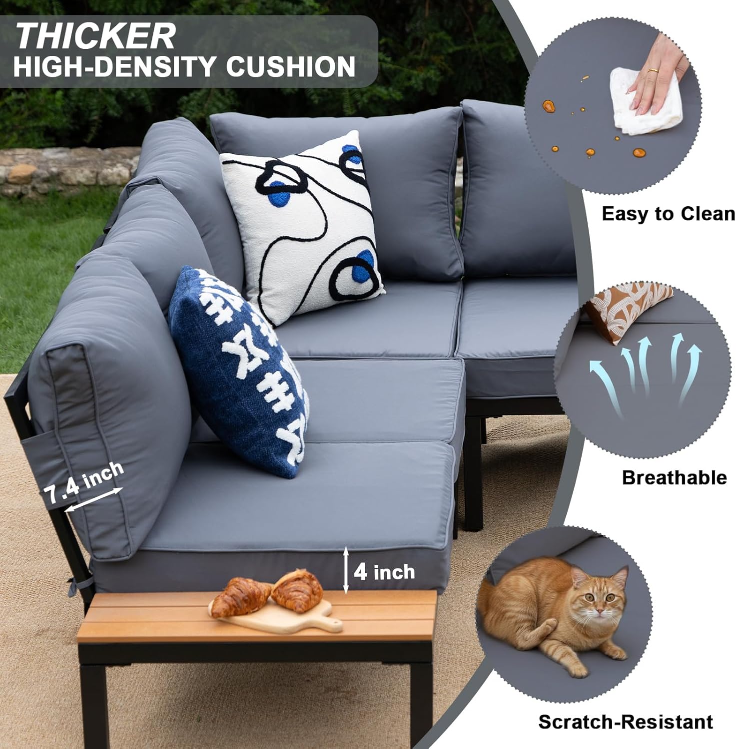 5-Person Outdoor Patio Furniture Set, Durable Metal Frame Outdoor Sectional with Wood-Look Table & Waterproof Cushions, All-Weather Conversation Set for Garden, Balcony, Poolside-Grey