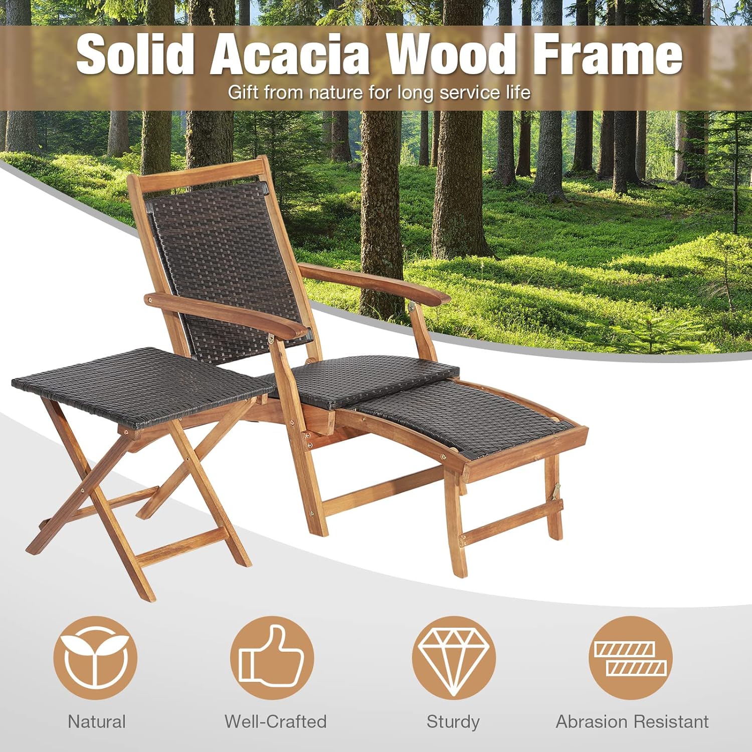 RELAX4LIFE Patio Chaise Lounge Chair Set of 3, Acacia Wood Folding Rattan Wicker Chairs w/Retractable Footrest, Side Table, 3-Piece Outdoor Patio Furniture, Fire Pit Deck Chairs Set for Porch Poolside