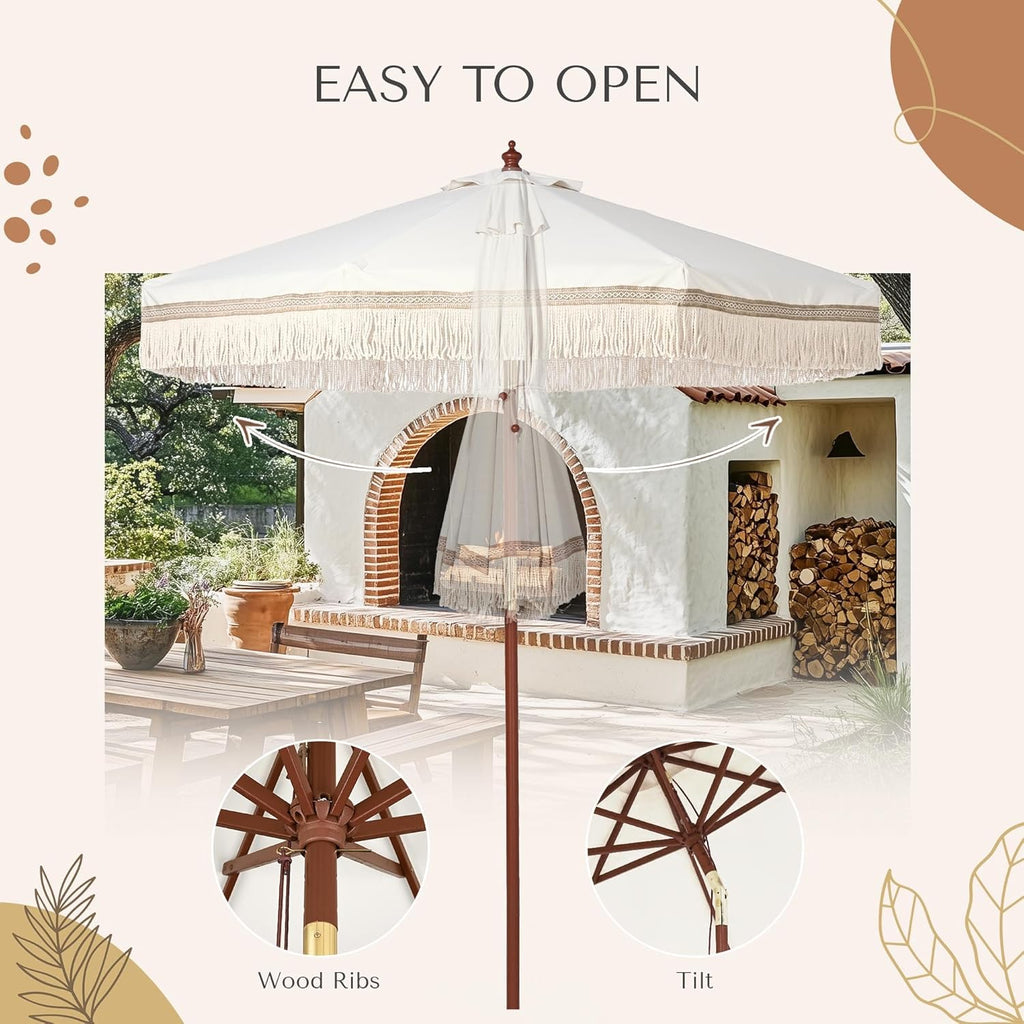 LAGarden Boho Market Wood Fringe Patio Umbrella with Carry Bag Tassels for Outdoor Event Garden Yard House Wedding Party Deck Poolside Sun Shade Parasol