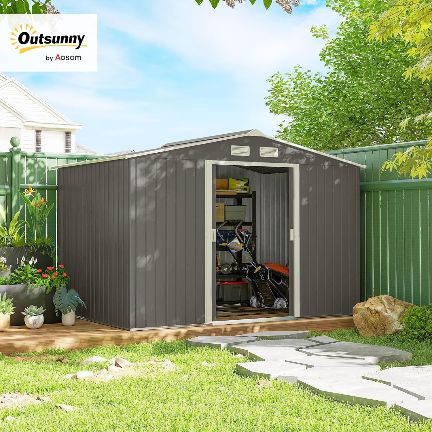Outsunny 9' x 6' Outdoor Storage Shed, Garden Tool Metal Shed with Foundation Kit, Double Lockable Door, Air Vents and Sloping Roof, for Backyard, Patio, Lawn, Light Gray