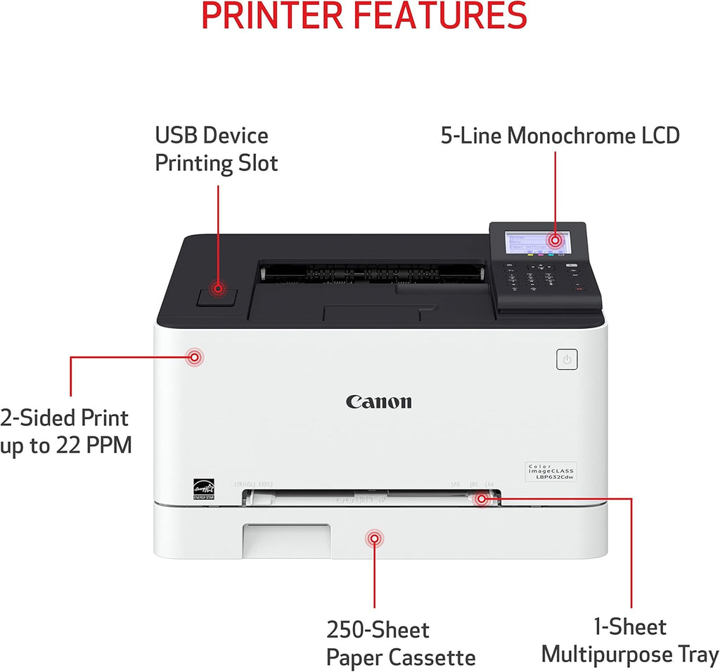 Canon imageCLASS LBP632Cdw - Wireless Duplex Color Laser Printer, Single Function, Home Office, Mobile Ready, 22 PPM Color, White