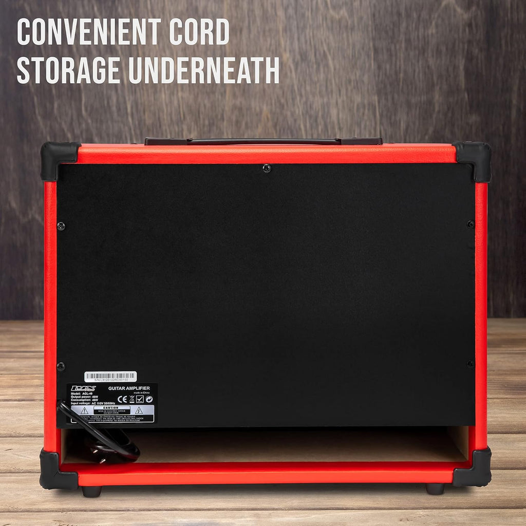LyxPro 40 Watt Electric Guitar Amplifier | Combo Solid State Studio Amp with 8” 4-Ohm Speaker, Custom EQ Controls, Drive, Delay, ¼” Passive/Active/Microphone Inputs, Aux In & Headphone Jack - Red