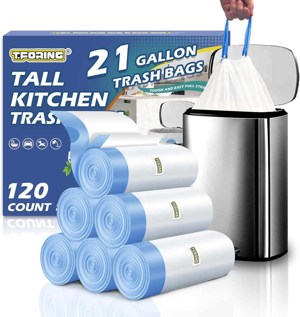 21 Gallon Trash Bags Drawstring 120 Count, 1.7 Mil White Garbage Bags Unscented,Easy-Dispense Roll for Kitchen & Household Use, Code G,79.5 L