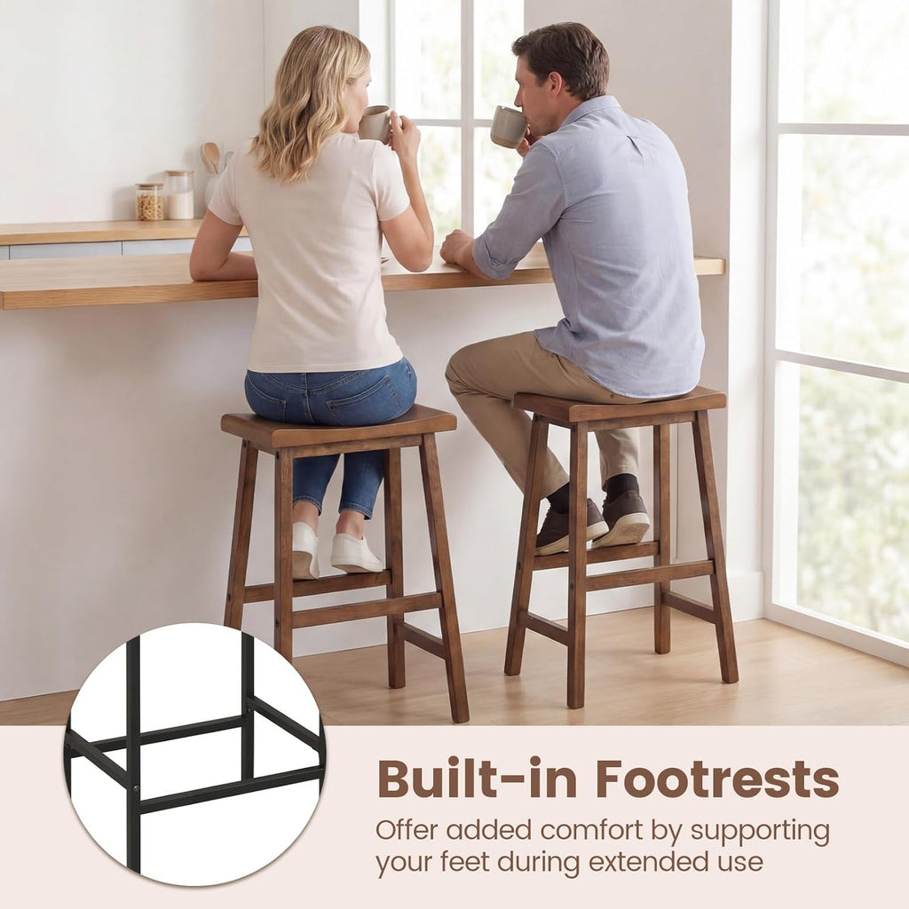COSTWAY Solid Wood Saddle Stools Set of 4, 24-inch Height Backless Counter Chairs with Footrests, Mid-Century Modern Wooden Barstools for Kitchen Island Dining Room Pub Bistro Bar, Brown