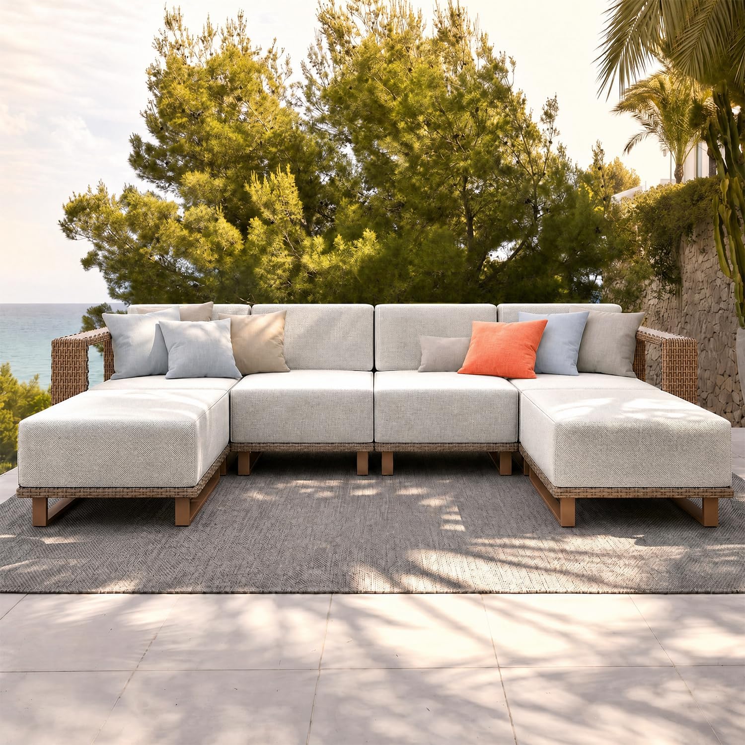 MIXPATIO Patio Sectional Furniture Set, 6 Piece Outdoor Wicker Sofa Couch Set, Yellow Rattan Modular Outdoor Conversation Sets with 10" Extra Thick Cushions, Low Profile Lawn Deck Garden Furniture