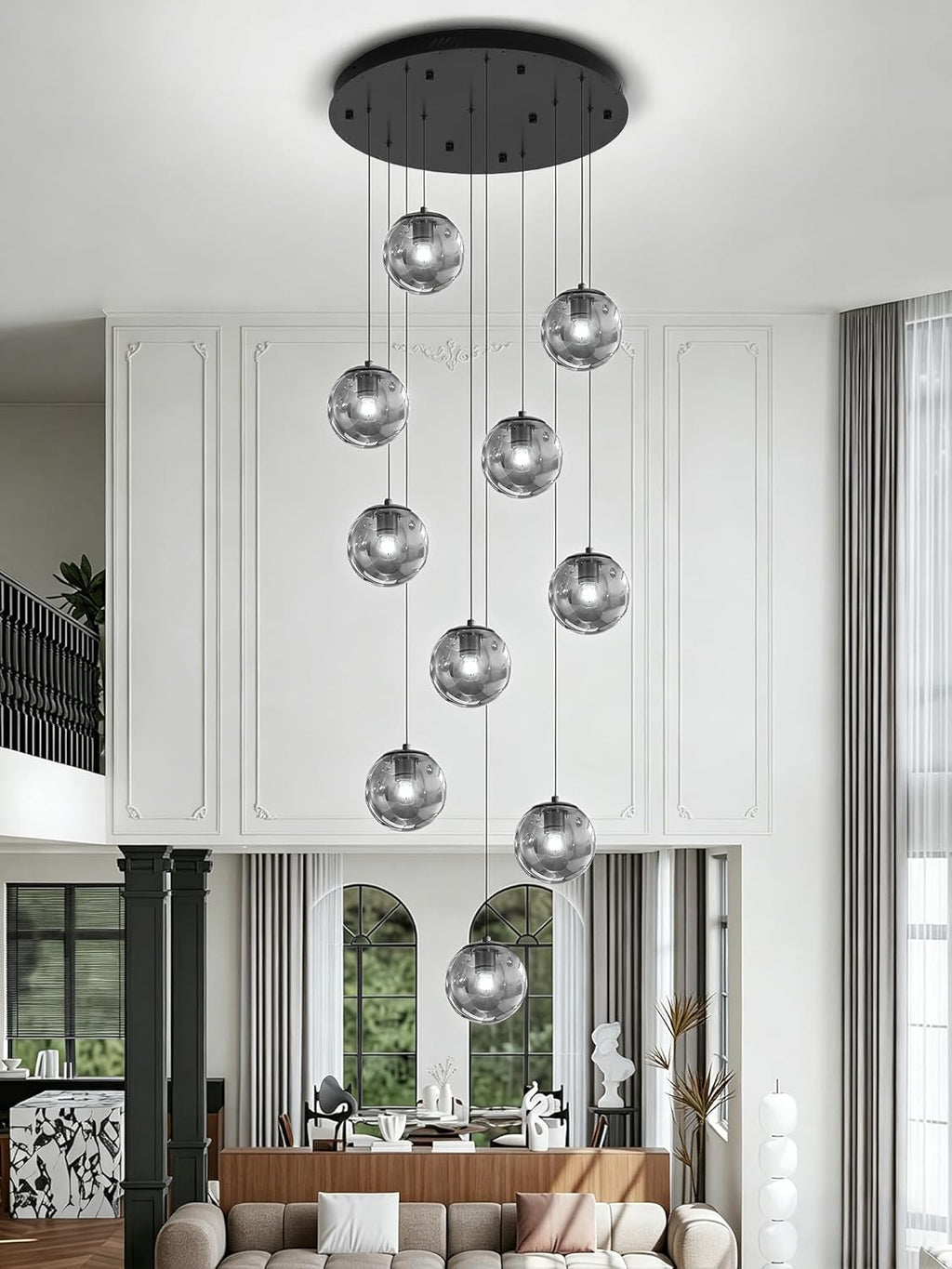 ykolupty H138 Modern Smoke Glass Globe Chandelier Large Chandeliers for High Ceiling 10-Lights Entryway Modern Lighting Fixture Glass Globe Pendant Light for Living Room Foyer Hallway