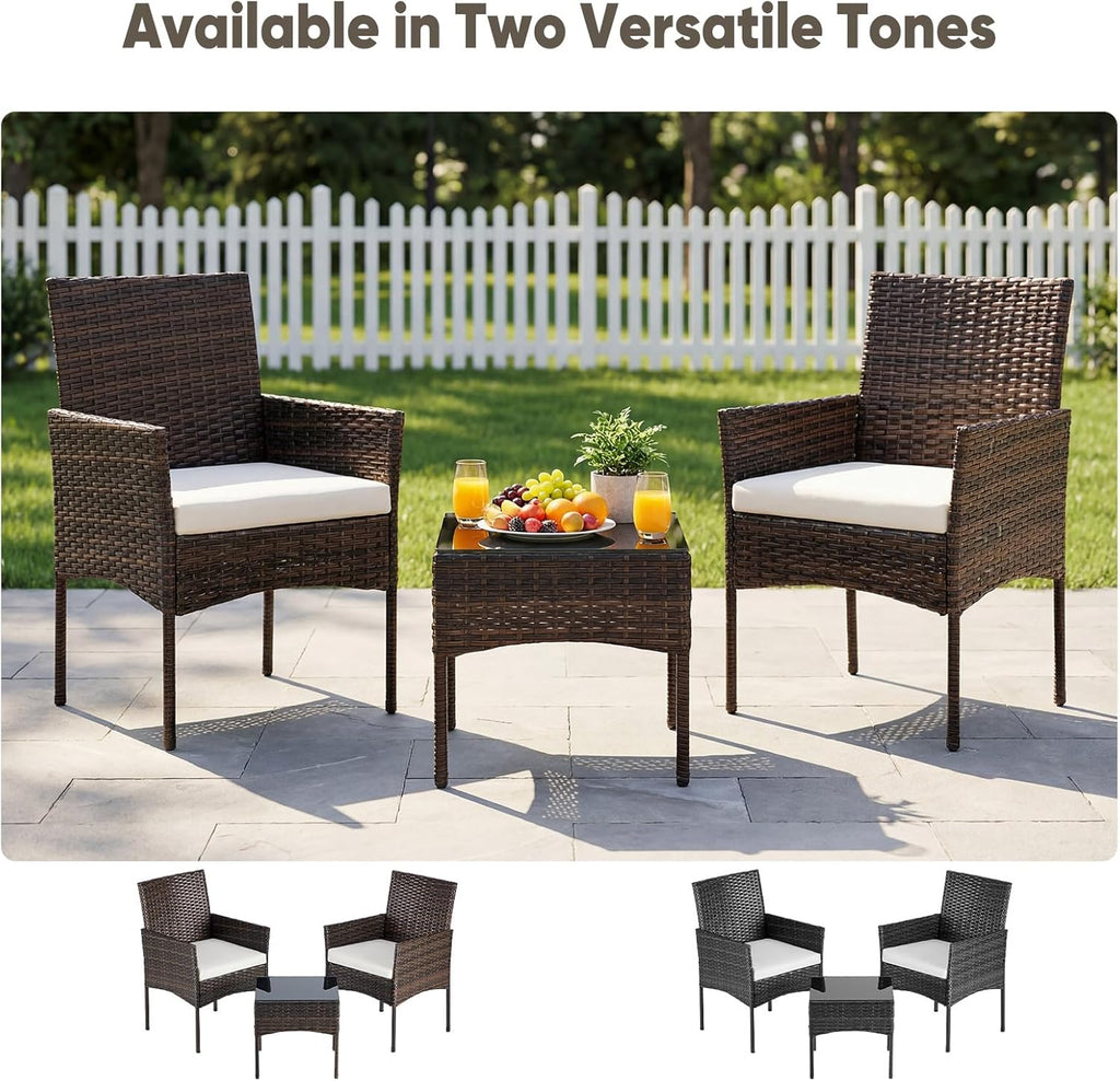 DUMOS 3 Piece Patio Furniture Set, All-Weather Outdoor Wicker Chairs with Removable Cushions & Tempered Glass Table, Small Bistro Set for Porch, Balcony, Lawn, Backyard, Brown