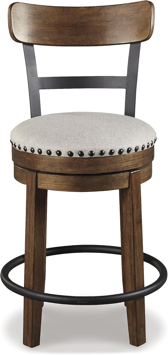 Signature Design by Ashley Valebeck Swivel Barstool With Back, Rustic-Industrial Wood and Metal, 360-Degree Swivel Counter Height Stool for Kitchen Island Seating, Linen Color