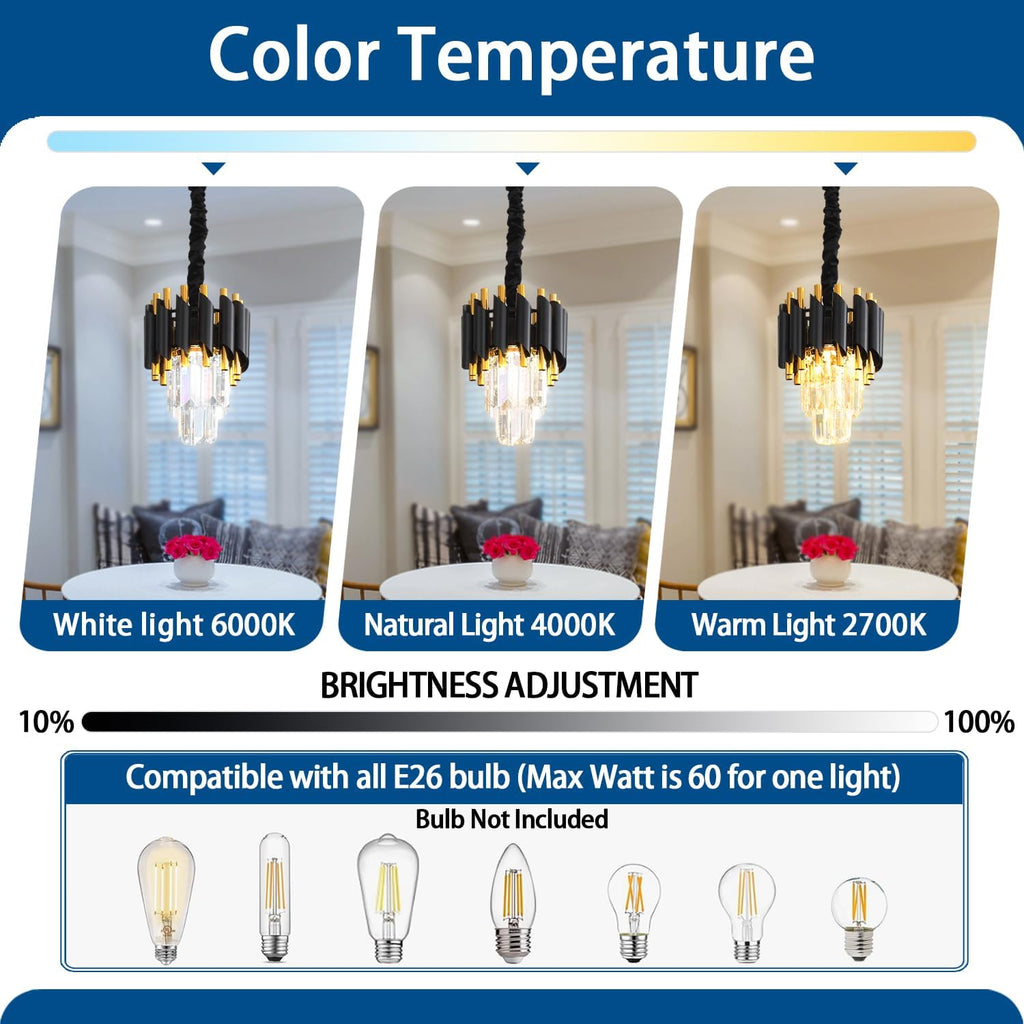 Modern Black Crystal Chandelier 2-Tier Round Pendant Lighting Light Fixture Chandelier for Kitchen Island Entryway Bathroom BedHead Bedroom