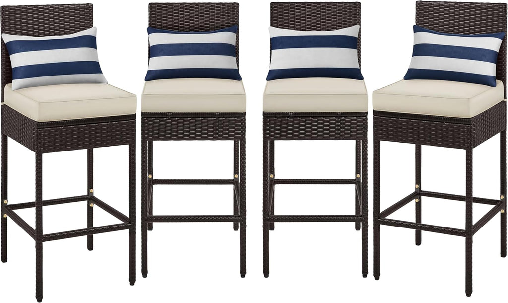 Yaheetech Set of 4 Patio Bar Stools, Outdoor PE Rattan Bar Height Chairs with Cushions & Footrests & Backrest for Indoor/Outdoor/Backyard/Porch, Max.Load 300Lb, Brown/Beige