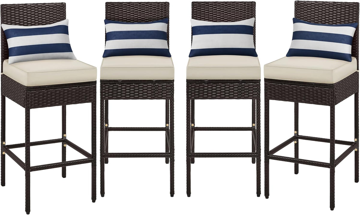 Yaheetech Set of 4 Patio Bar Stools, Outdoor PE Rattan Bar Height Chairs with Cushions & Footrests & Backrest for Indoor/Outdoor/Backyard/Porch, Max.Load 300Lb, Brown/Beige