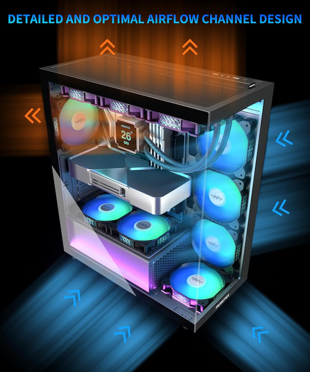 MUSETEX ATX PC Case 7 PWM ARGB Fans Pre-Installed, Type-C Mid Tower Computer Case with Full-View Dual Tempered Glass, Gaming PC Case, Black(K2)