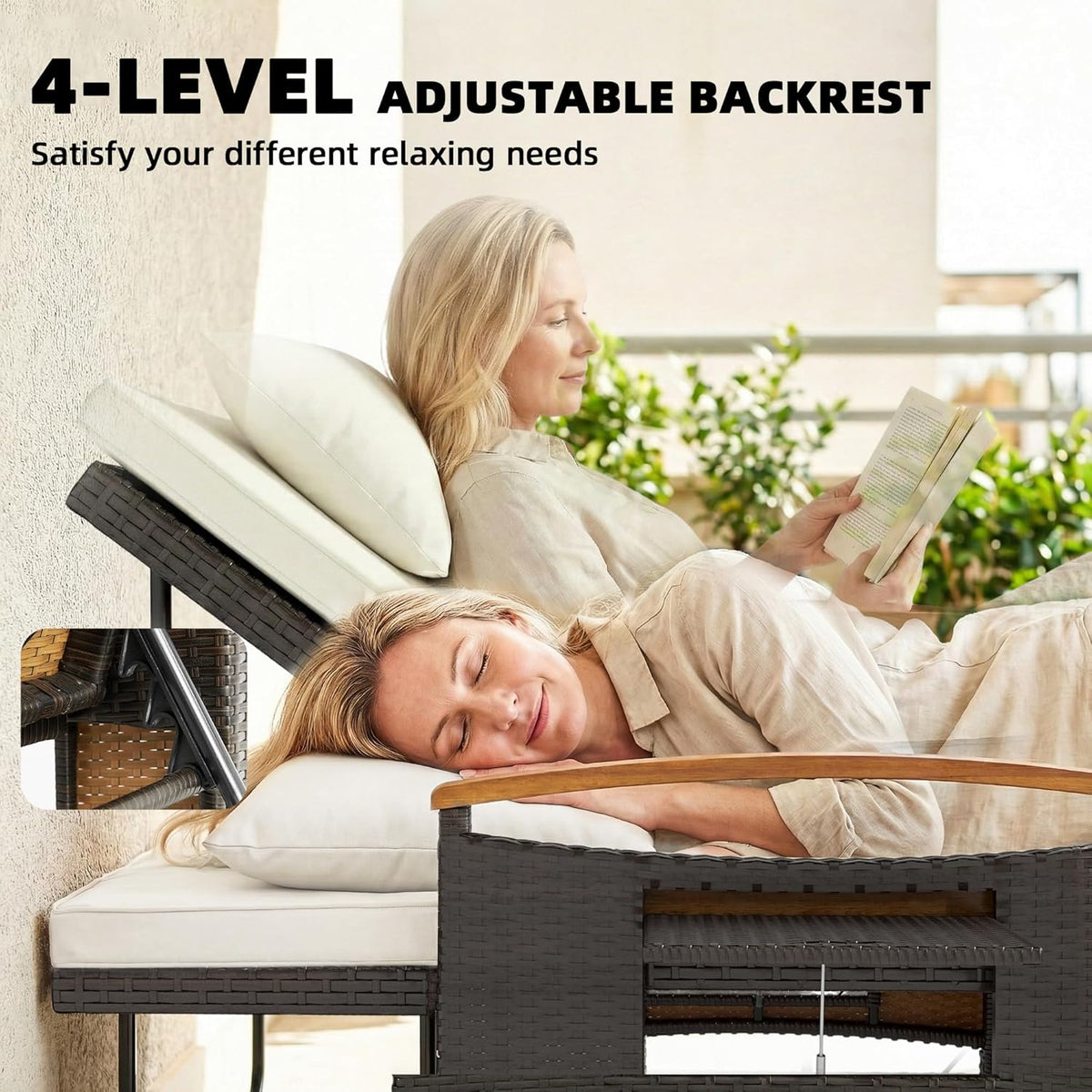 Outsunny Rattan Outdoor Daybed, PE Wicker Patio Loveseat with Storage Ottoman, 4-Level Adjustable Back, Folding Side Trays, Acacia Wood Armrest, Double Sun Lounger with Cushions, Pillows, Beige