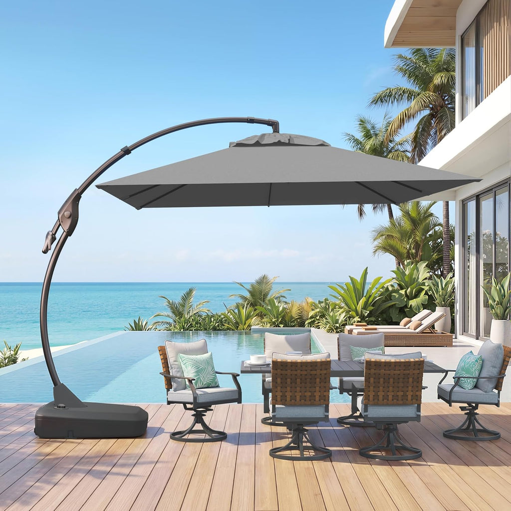 Grand patio Sunbrella 10x10 FT Cantilever Umbrella with Base Included Patio Square Aluminum Offset Umbrellas for Outdoor Pool (Charcoal, 10X10 FT-SUNBRELLA)