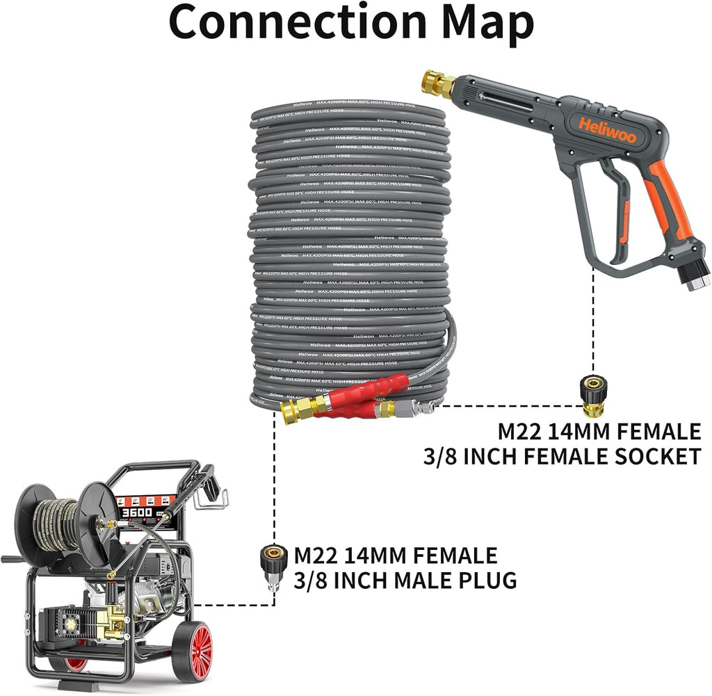 Pressure Washer Hose 125ft, 1/4 Inch Kink Resistant 4200PSI Power Washer Extension Hose, Flexible Heavy Duty Replacement Hose, Compatible with M22 14mm Fittings, High Tensile Wire Braid